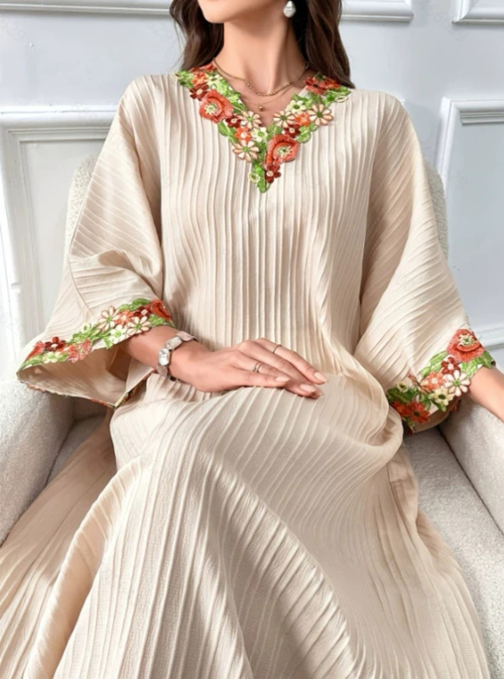 Elegant Lace Trim Loose Long Batwing Sleeve Casual Duster Dress